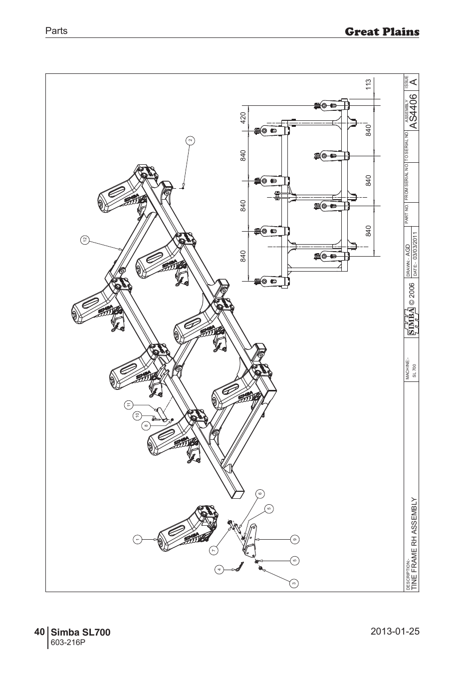 Sl700, 74 7. parts and assembly, Aas 44 06 | Operating instructions, 216p, Si m b a | Great Plains SL700 Parts Manual User Manual | Page 40 / 140