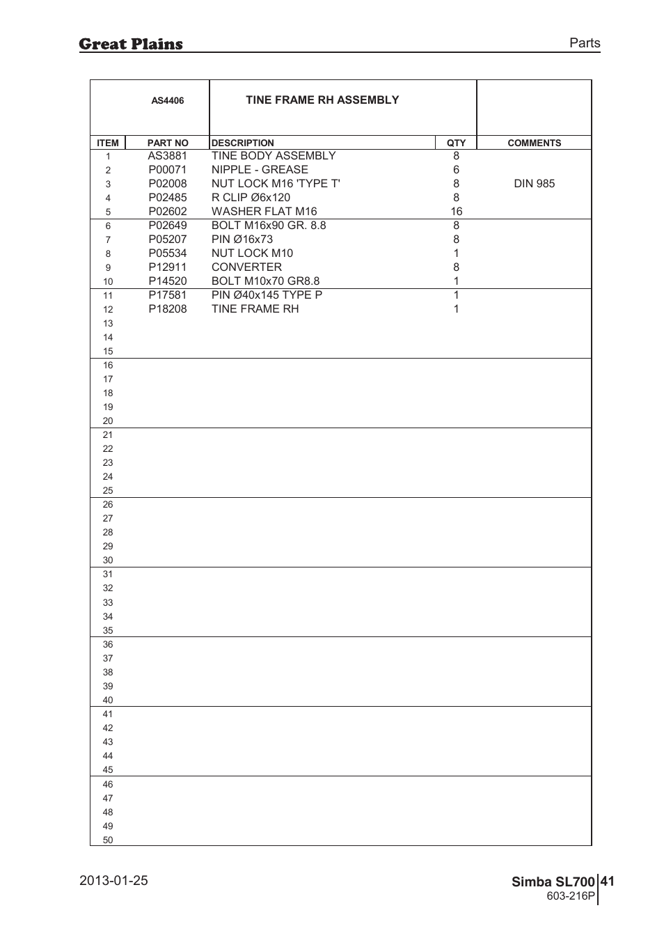 Sl700, 74 7. parts and assembly, Aas 44 06 | Parts and assembly, Operating instructions, Tine frame rh assembly, 216p, Si m b a, As4406, Item part no description qty comments 1 | Great Plains SL700 Parts Manual User Manual | Page 41 / 140