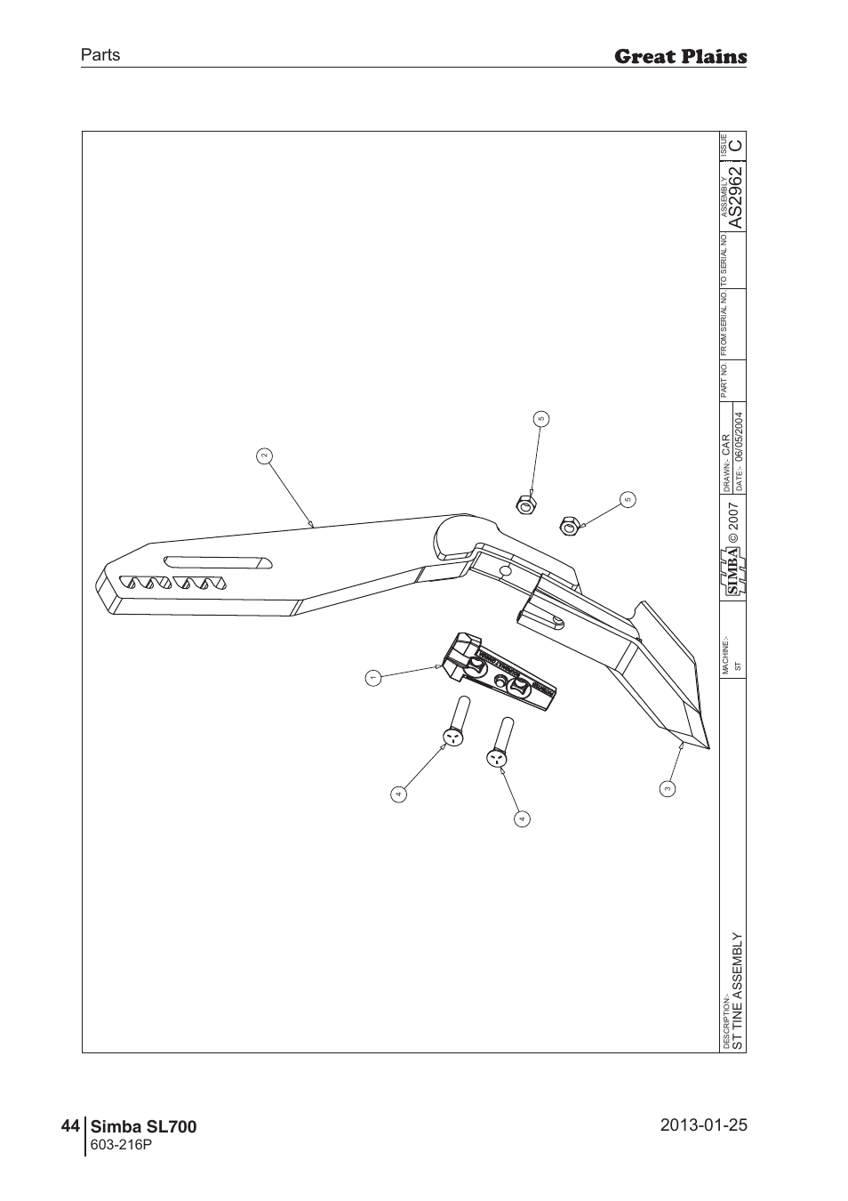 Sl700, 78 7. parts and assembly, Cas 29 62 | Operating instructions, 216p, Si m b a | Great Plains SL700 Parts Manual User Manual | Page 44 / 140