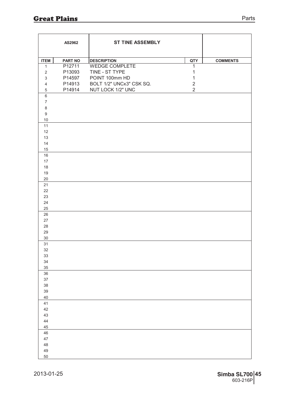 Sl700, 78 7. parts and assembly, Cas 29 62 | Parts and assembly, Operating instructions, St tine assembly, 216p, Si m b a | Great Plains SL700 Parts Manual User Manual | Page 45 / 140