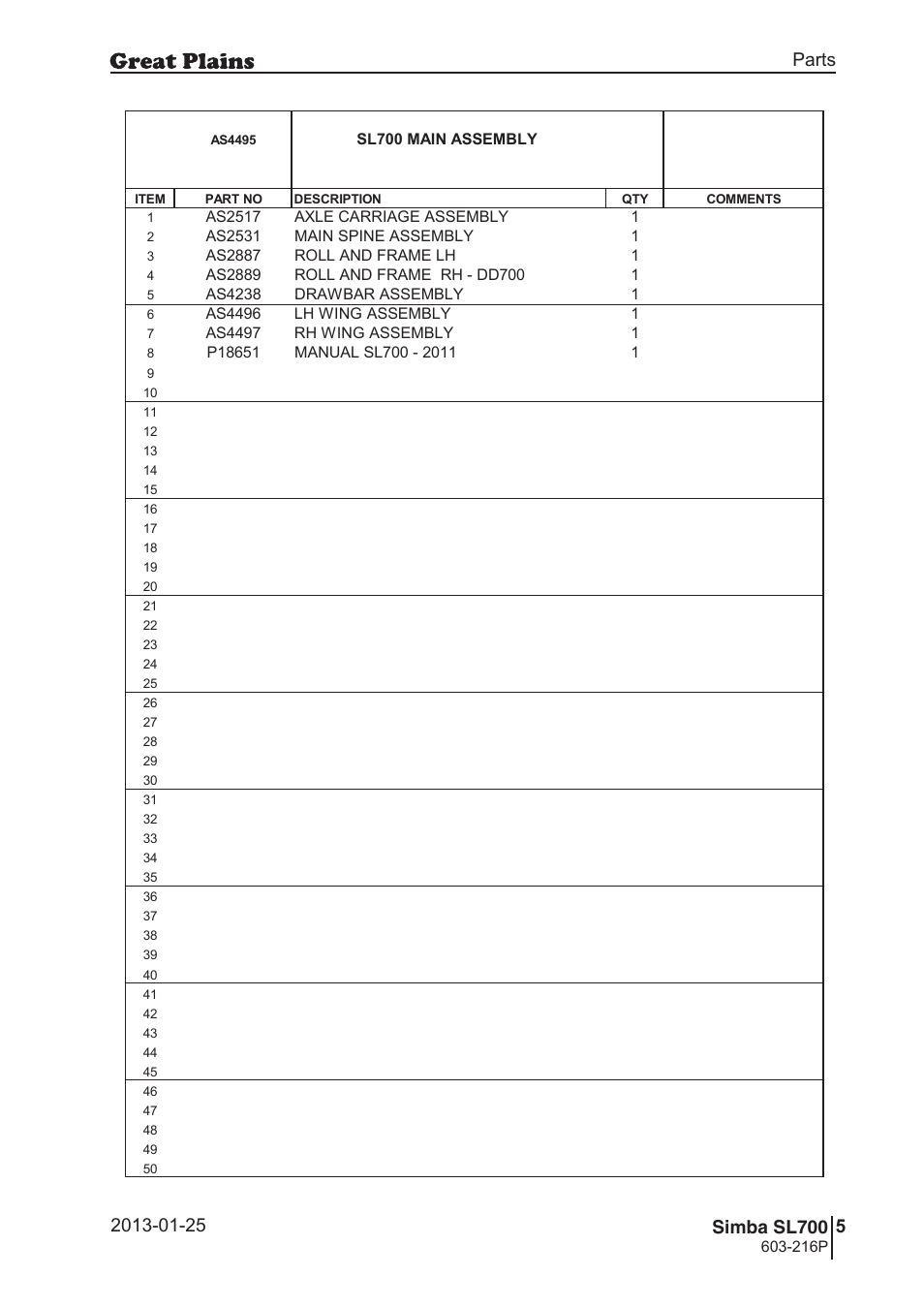 Sl700, 38 7. parts and assembly, Bas 44 95 | Parts and assembly, Parts 5 simba sl700, Operating instructions, Sl700 main assembly, 216p, Si m b a, Sl 70 0 - m ai n a ss em b ly | Great Plains SL700 Parts Manual User Manual | Page 5 / 140