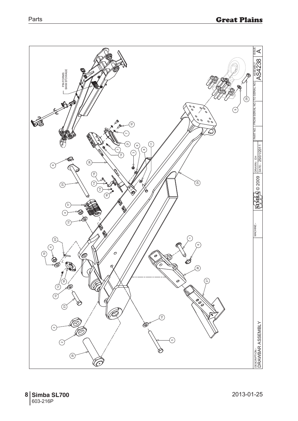 Sl700, 42 7. parts and assembly, Aas 42 38 | Parts 8 simba sl700, Operating instructions, 216p, Si m b a, Dr aw ba r a ss em bl y | Great Plains SL700 Parts Manual User Manual | Page 8 / 140