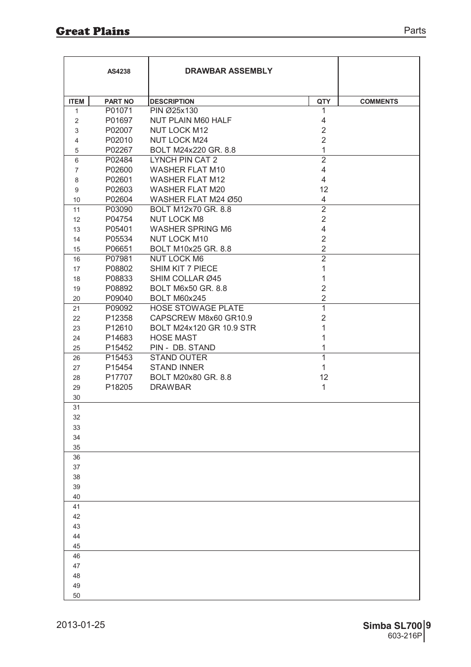 Sl700, 42 7. parts and assembly, Aas 42 38 | Parts and assembly, Parts 9 simba sl700, Operating instructions, Drawbar assembly, 216p | Great Plains SL700 Parts Manual User Manual | Page 9 / 140