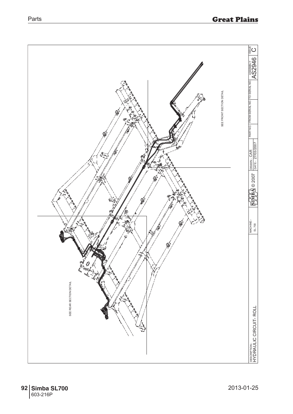 Sl700, 126 7. parts and assembly, Cas 29 46 | Operating instructions, 216p, Si m b a | Great Plains SL700 Parts Manual User Manual | Page 92 / 140
