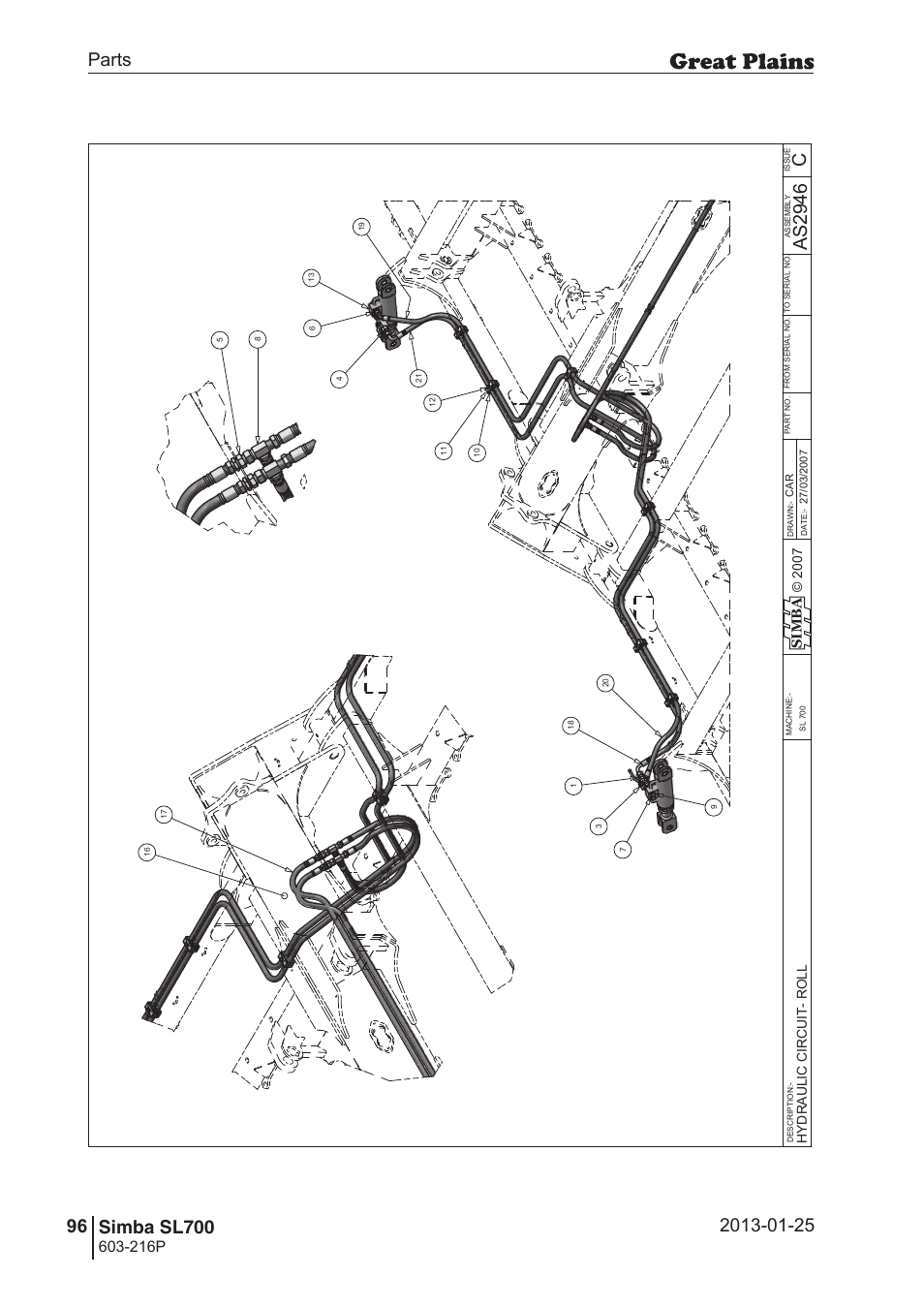 Sl700, 130 7. parts and assembly, Cas 29 46 | Operating instructions, 216p, Si m b a | Great Plains SL700 Parts Manual User Manual | Page 96 / 140