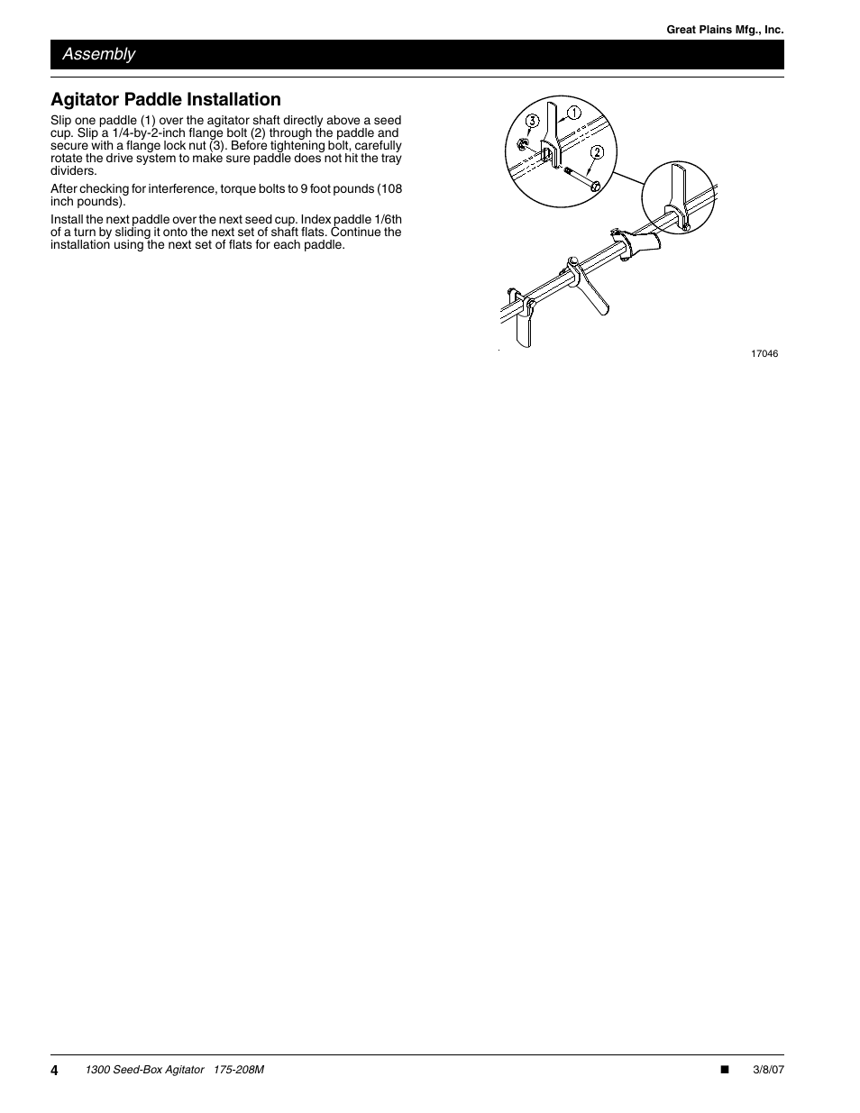 Agitator paddle installation, Assembly | Great Plains 1300 Seed-Box Assembly Instructions User Manual | Page 4 / 5
