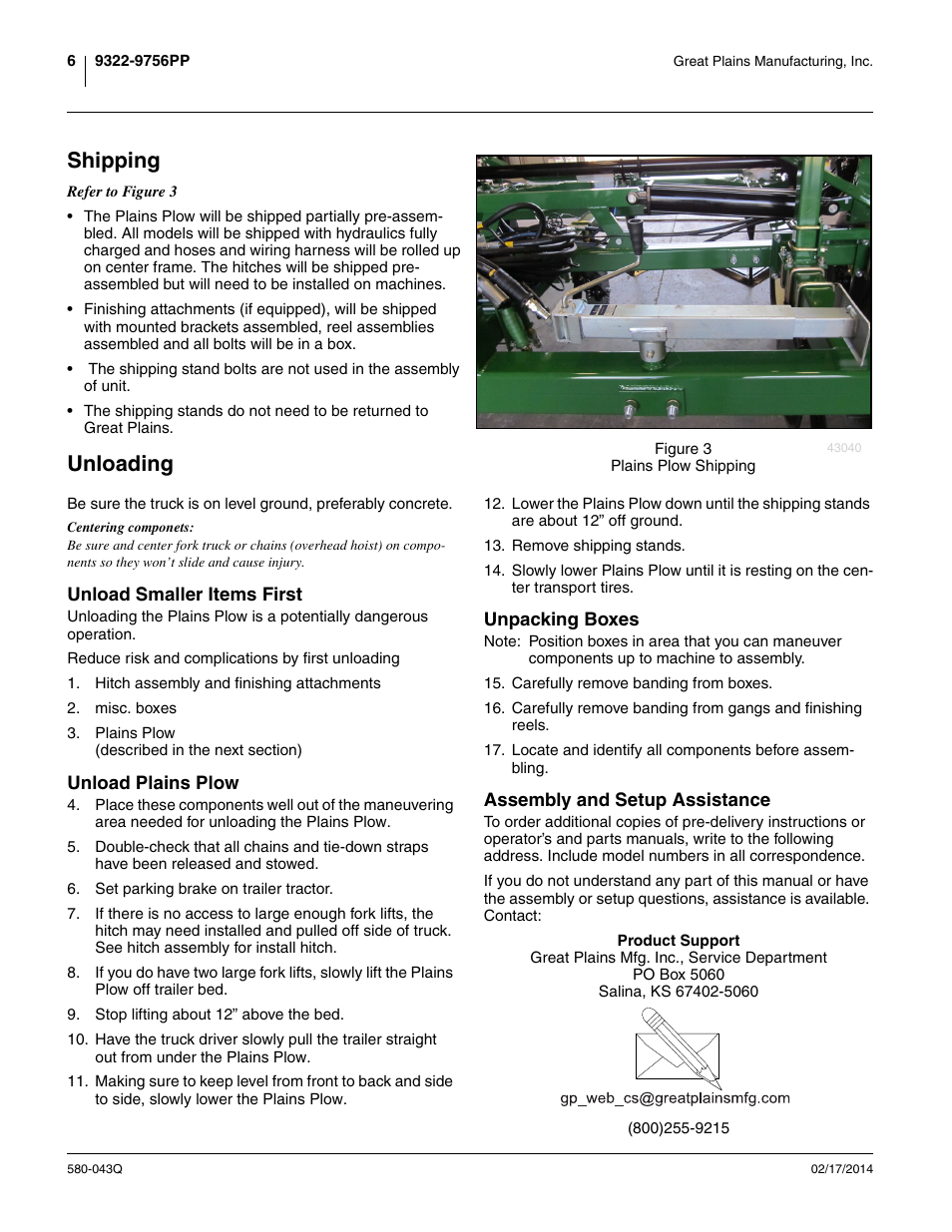 Shipping, Unloading, Unload smaller items first | Unload plains plow, Unpacking boxes, Assembly and setup assistance, Shipping unloading | Great Plains 9756PP Predelivery Manual User Manual | Page 10 / 48