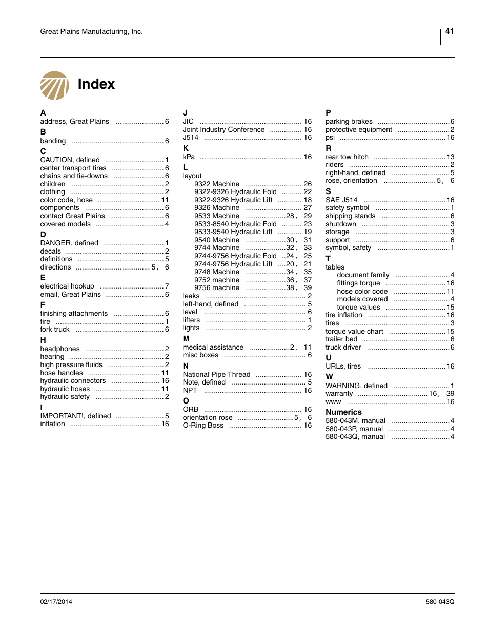 Index | Great Plains 9756PP Predelivery Manual User Manual | Page 45 / 48