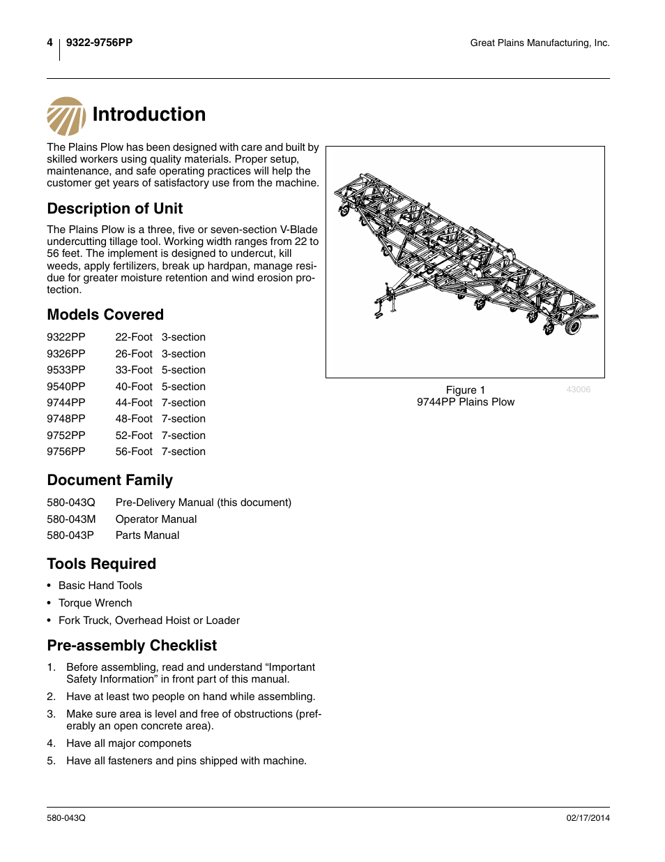 Introduction, Description of unit, Models covered | Document family, Tools required, Pre-assembly checklist, Models covered document family tools required | Great Plains 9756PP Predelivery Manual User Manual | Page 8 / 48