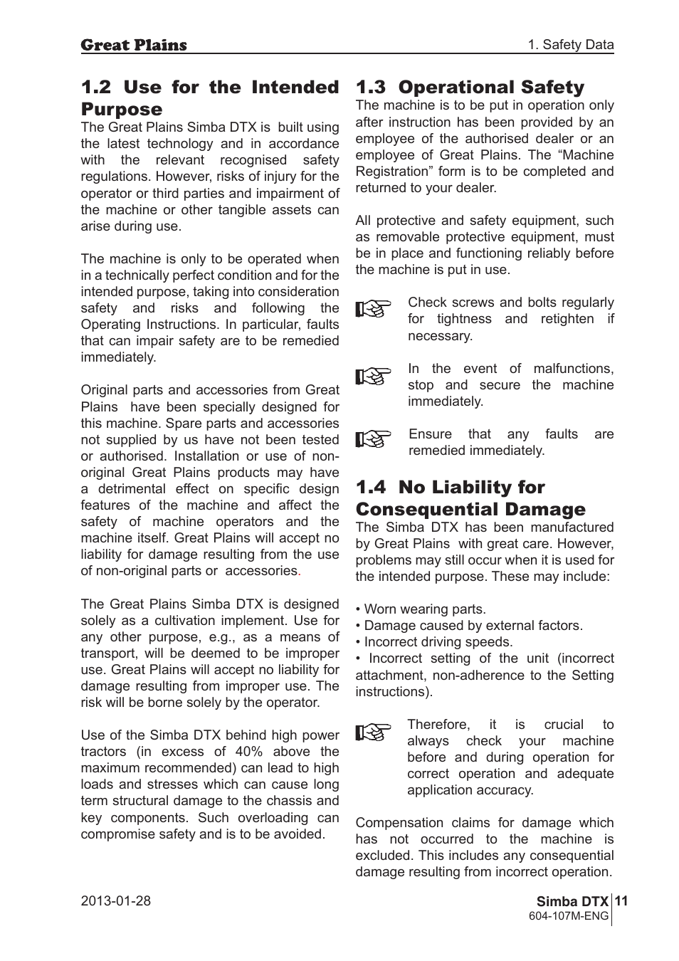 3 operational safety, 4 no liability for consequential damage, 2 use for the intended purpose | Great Plains DTX350 Operator Manual User Manual | Page 11 / 34