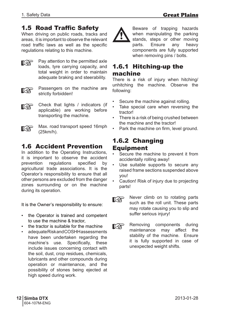 5 road traffic safety, 1 hitching-up the machine, 2 changing equipment | 6 accident prevention | Great Plains DTX350 Operator Manual User Manual | Page 12 / 34