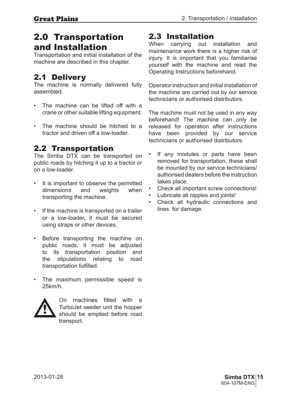 0 transportation and installation, 1 delivery, 2 transportation | 3 installation | Great Plains DTX350 Operator Manual User Manual | Page 15 / 34