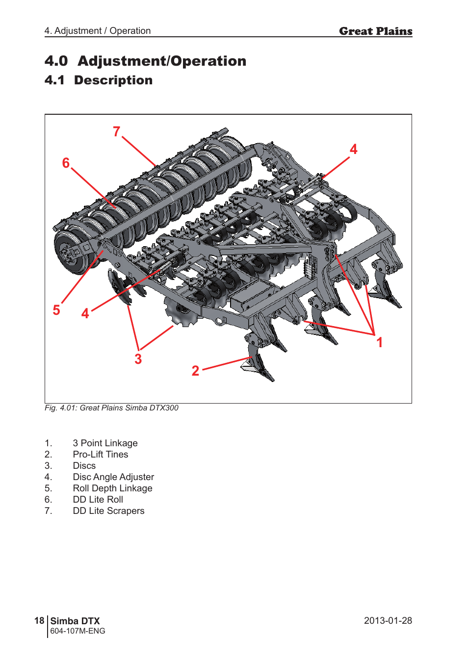 0 adjustment/operation, 1 description | Great Plains DTX350 Operator Manual User Manual | Page 18 / 34