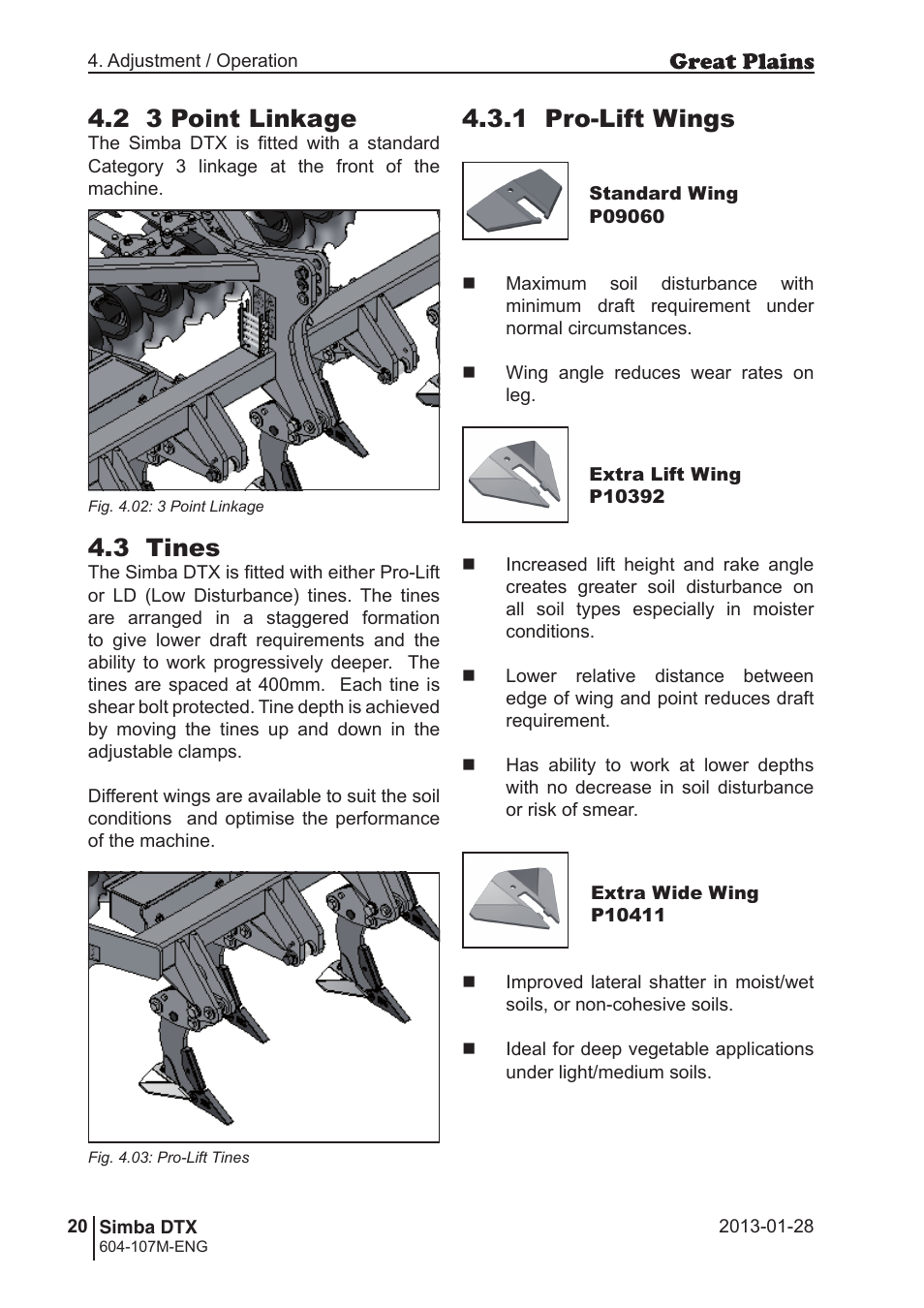 2 3 point linkage, 3 tines, 1 pro-lift wings | Great Plains DTX350 Operator Manual User Manual | Page 20 / 34