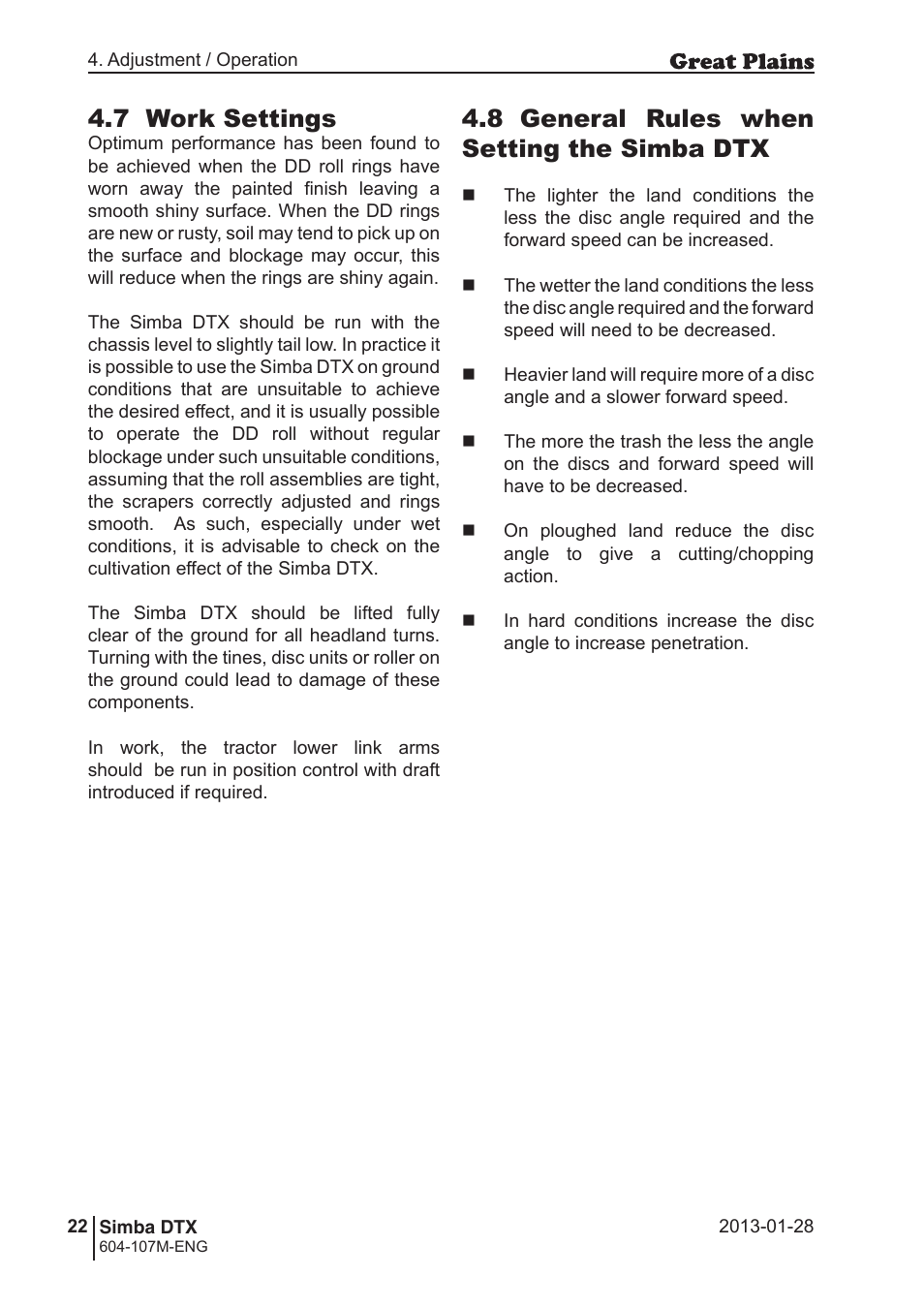 7 work settings, 8 general rules when setting the simba dtx | Great Plains DTX350 Operator Manual User Manual | Page 22 / 34