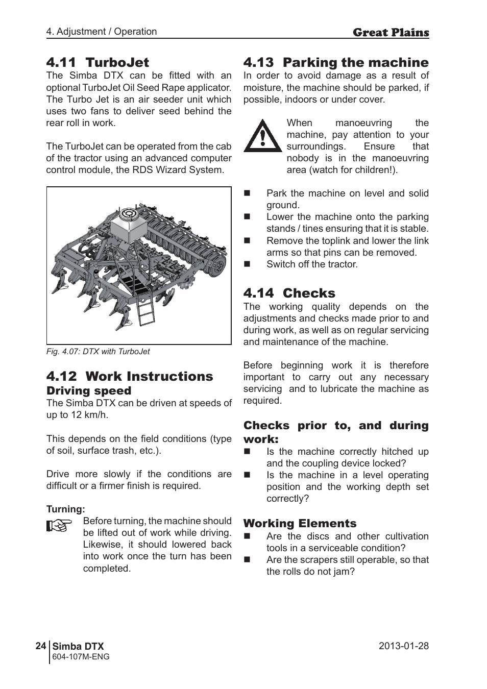 13 parking the machine, 11 turbojet, 12 work instructions | 14 checks | Great Plains DTX350 Operator Manual User Manual | Page 24 / 34