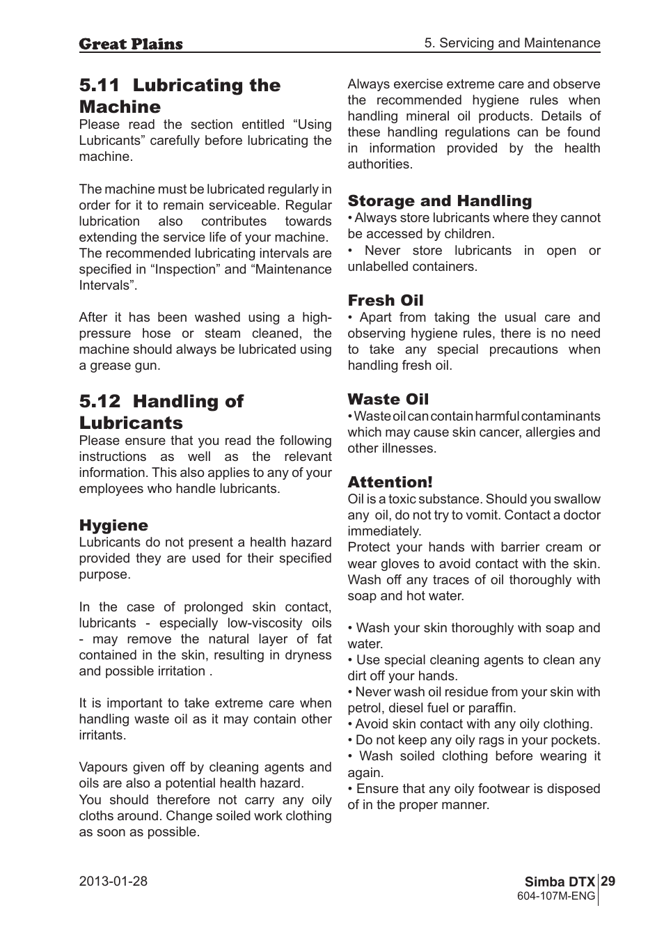 11 lubricating the machine, 12 handling of lubricants | Great Plains DTX350 Operator Manual User Manual | Page 29 / 34