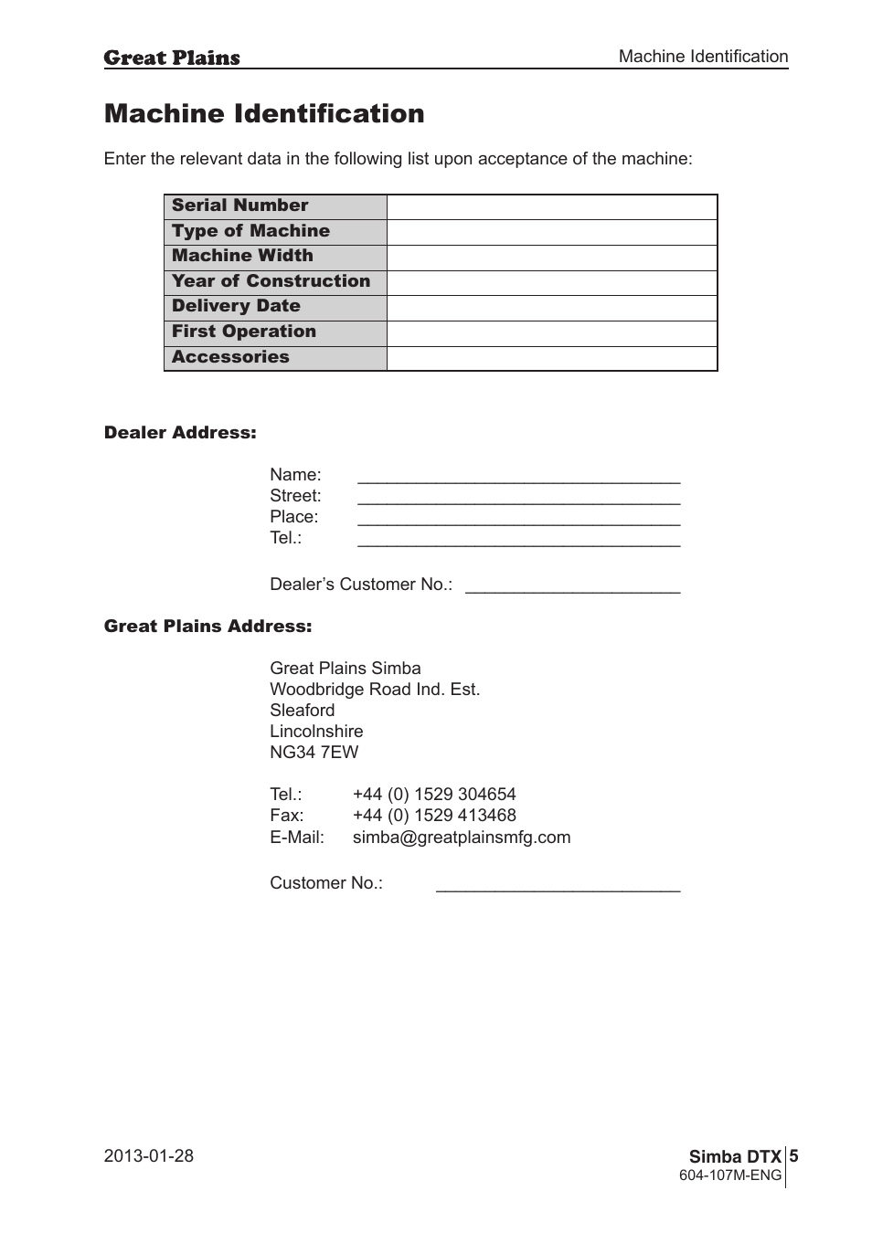 Machine identification | Great Plains DTX350 Operator Manual User Manual | Page 5 / 34