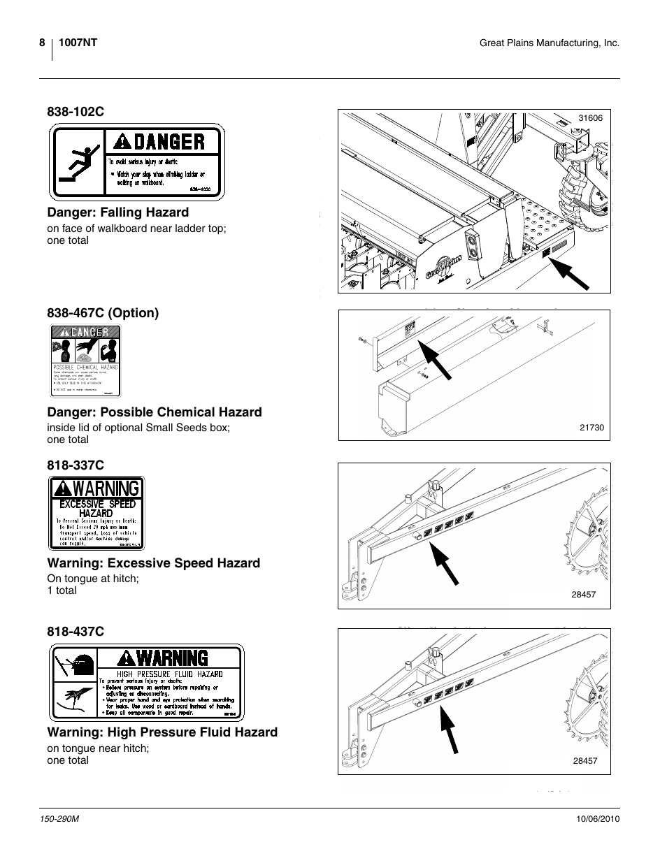 102c danger: falling hazard, 467c (option) danger: possible chemical hazard, 337c warning: excessive speed hazard | 437c warning: high pressure fluid hazard | Great Plains 1007NT Operator Manual User Manual | Page 12 / 88