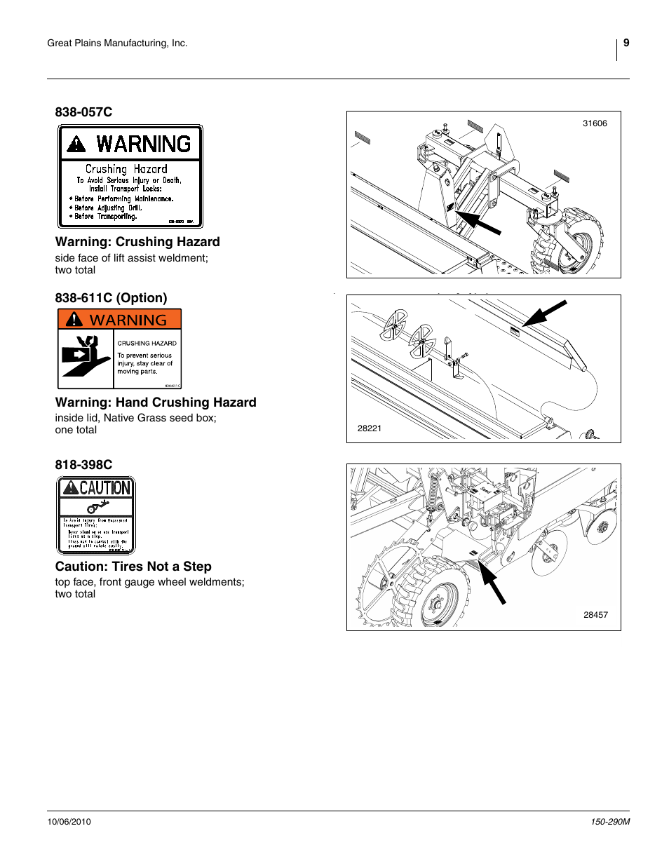 057c warning: crushing hazard, 611c (option) warning: hand crushing hazard, 398c caution: tires not a step | Great Plains 1007NT Operator Manual User Manual | Page 13 / 88