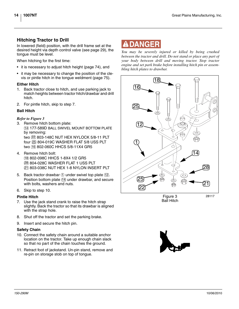 Hitching tractor to drill, Either hitch, Ball hitch | Pintle hitch, Safety chain, Either hitch ball hitch pintle hitch safety chain | Great Plains 1007NT Operator Manual User Manual | Page 18 / 88