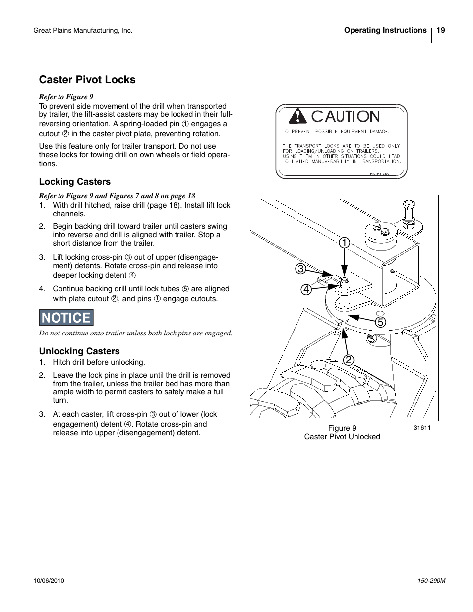 Caster pivot locks, Locking casters, Unlocking casters | Locking casters unlocking casters | Great Plains 1007NT Operator Manual User Manual | Page 23 / 88