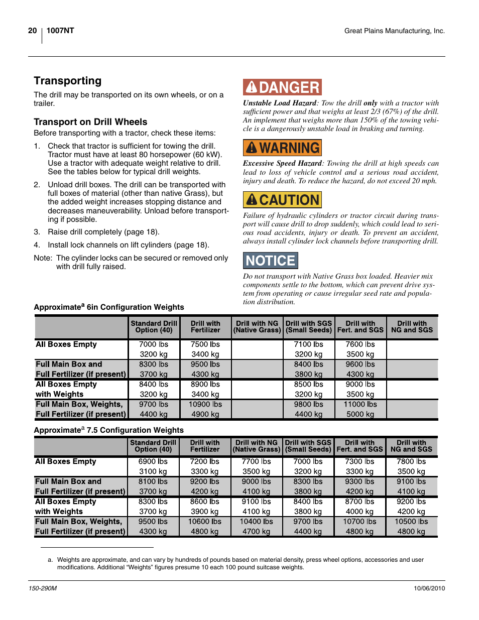 Transporting, Transport on drill wheels, Approximate 6in configuration weights | Approximatea 7.5 configuration weights, Approximate 6in configuration weights approximate | Great Plains 1007NT Operator Manual User Manual | Page 24 / 88