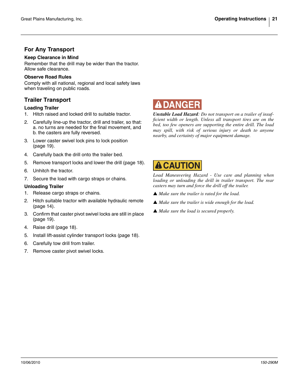 For any transport, Keep clearance in mind, Observe road rules | Trailer transport, Loading trailer, Unloading trailer, For any transport trailer transport | Great Plains 1007NT Operator Manual User Manual | Page 25 / 88