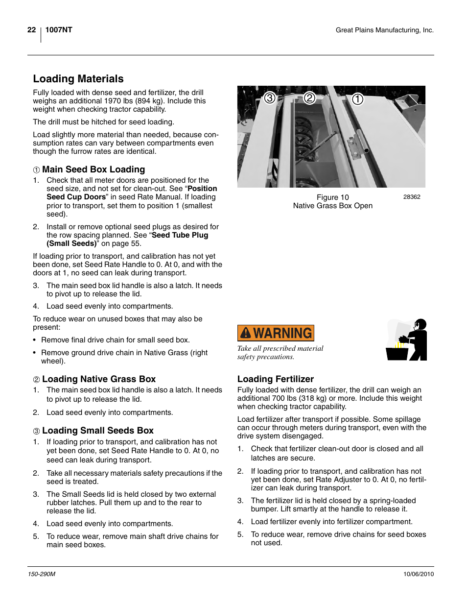 Loading materials, Main seed box loading, Loading native grass box | Loading small seeds box, Loading fertilizer | Great Plains 1007NT Operator Manual User Manual | Page 26 / 88