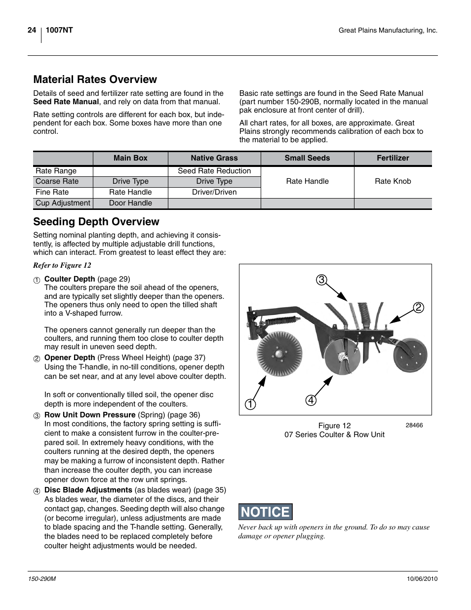 Material rates overview, Seeding depth overview, Material rates overview seeding depth overview | Great Plains 1007NT Operator Manual User Manual | Page 28 / 88