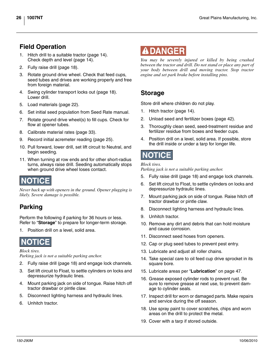 Field operation, Parking, Storage | Field operation parking storage | Great Plains 1007NT Operator Manual User Manual | Page 30 / 88