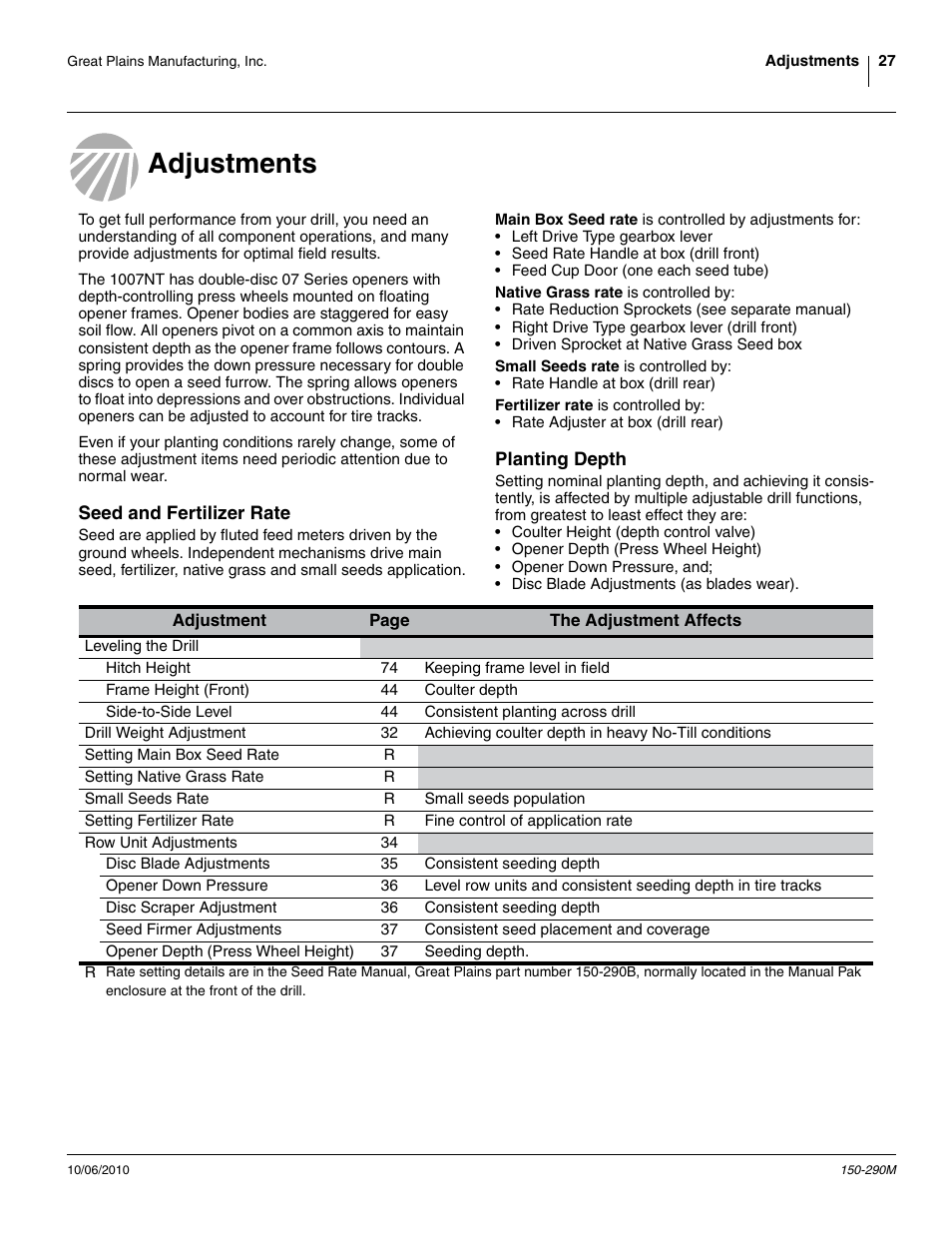 Adjustments, Seed and fertilizer rate, Planting depth | Seed and fertilizer rate planting depth | Great Plains 1007NT Operator Manual User Manual | Page 31 / 88