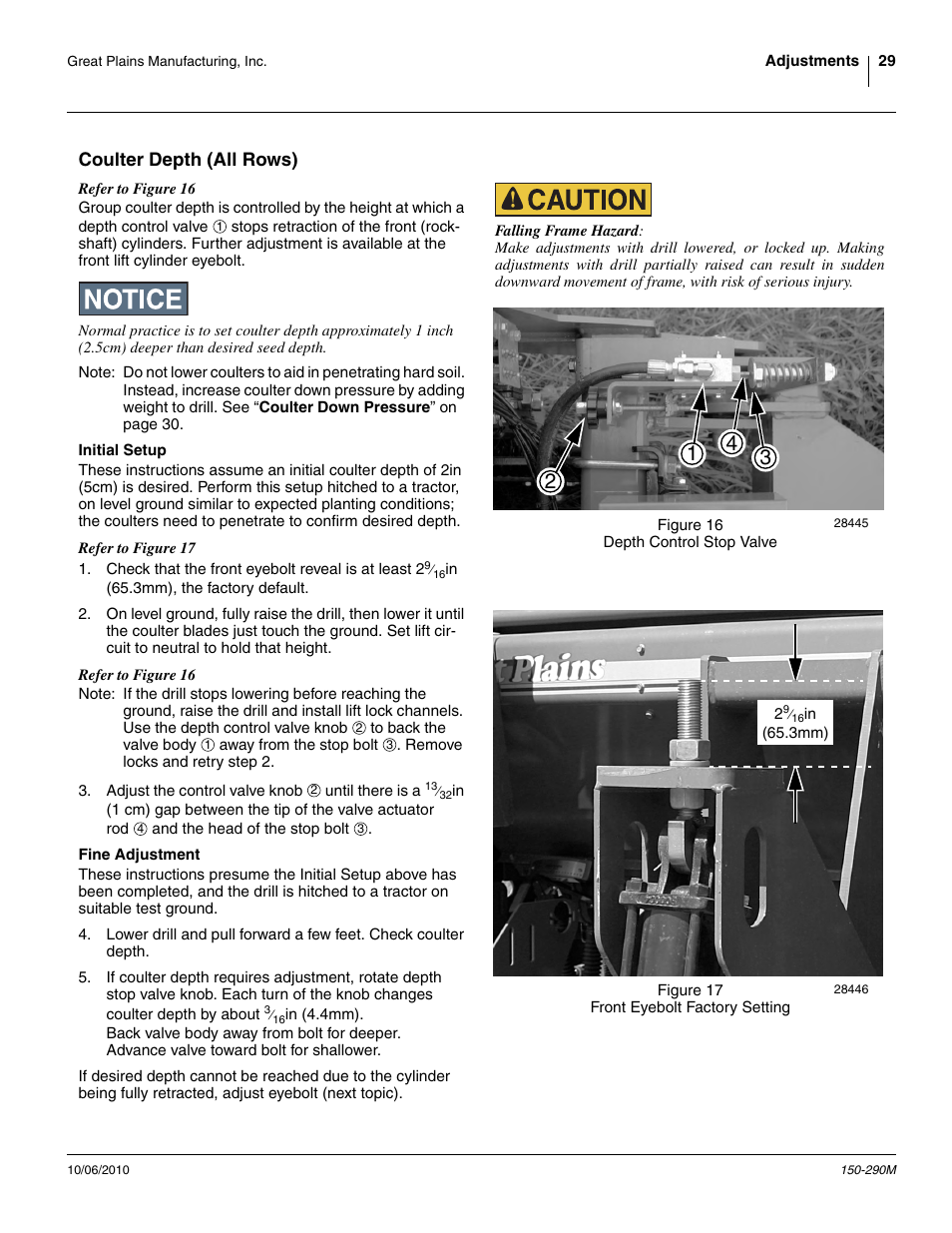 Coulter depth (all rows), Initial setup, Fine adjustment | Initial setup fine adjustment | Great Plains 1007NT Operator Manual User Manual | Page 33 / 88