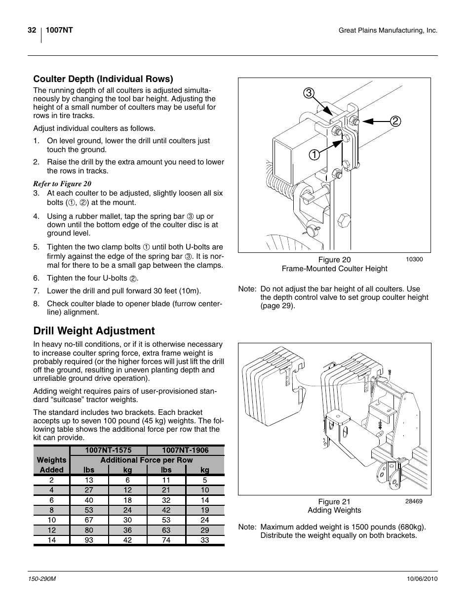 Coulter depth (individual rows), Drill weight adjustment | Great Plains 1007NT Operator Manual User Manual | Page 36 / 88