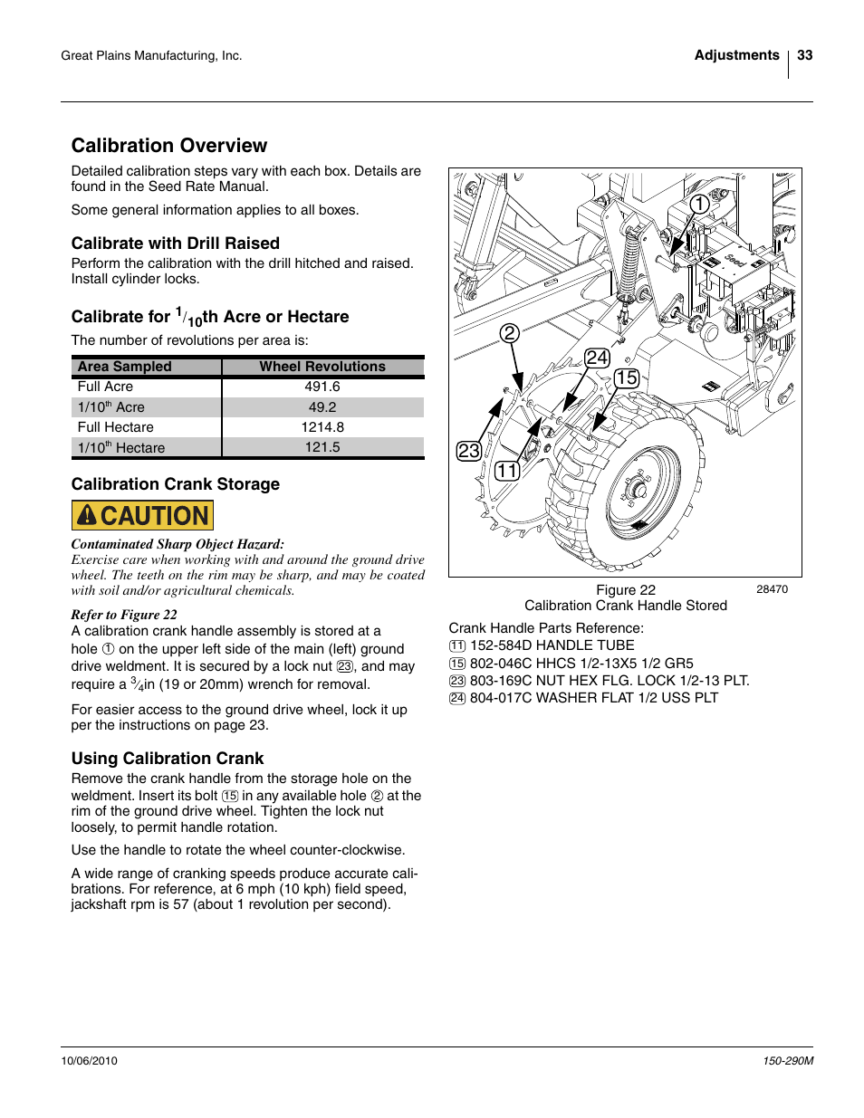 Calibration overview, Calibrate with drill raised, Calibrate for 1/10th acre or hectare | Calibration crank storage, Using calibration crank, Calibrate with drill raised calibrate for, Calibration crank storage using calibration crank | Great Plains 1007NT Operator Manual User Manual | Page 37 / 88