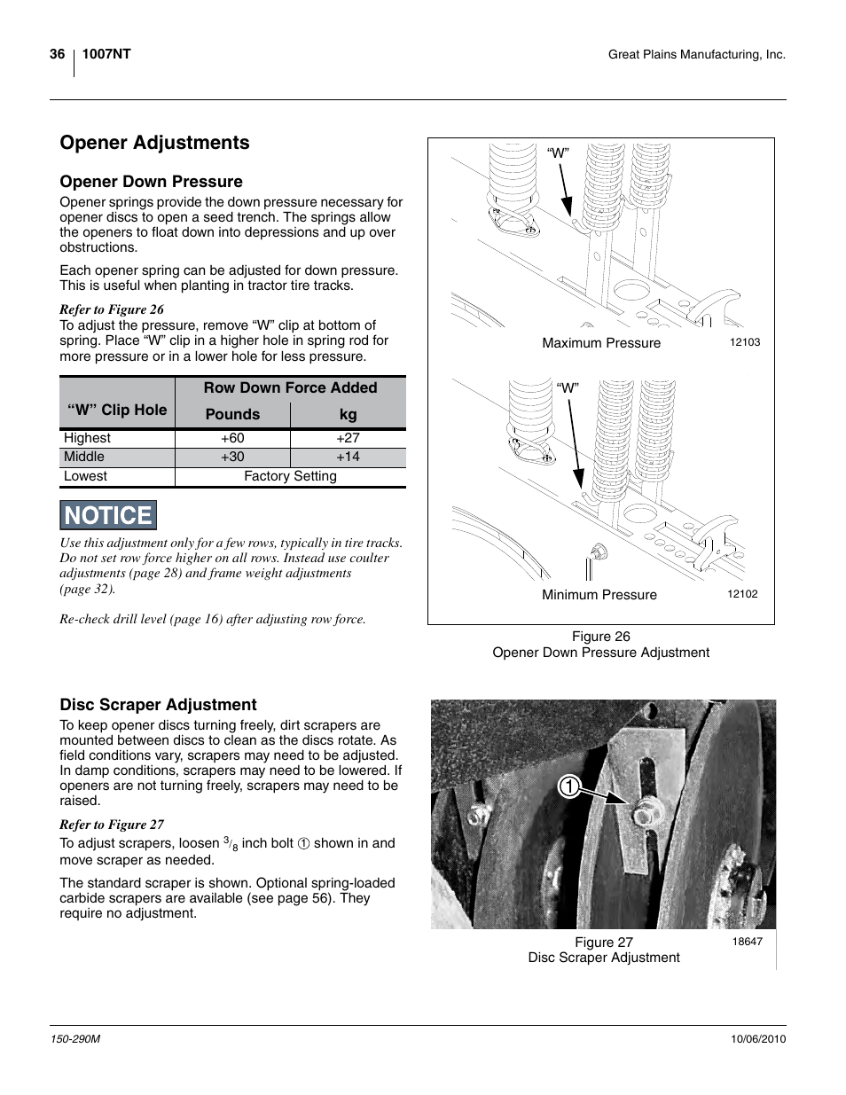 Opener adjustments, Opener down pressure, Disc scraper adjustment | Opener down pressure, and | Great Plains 1007NT Operator Manual User Manual | Page 40 / 88