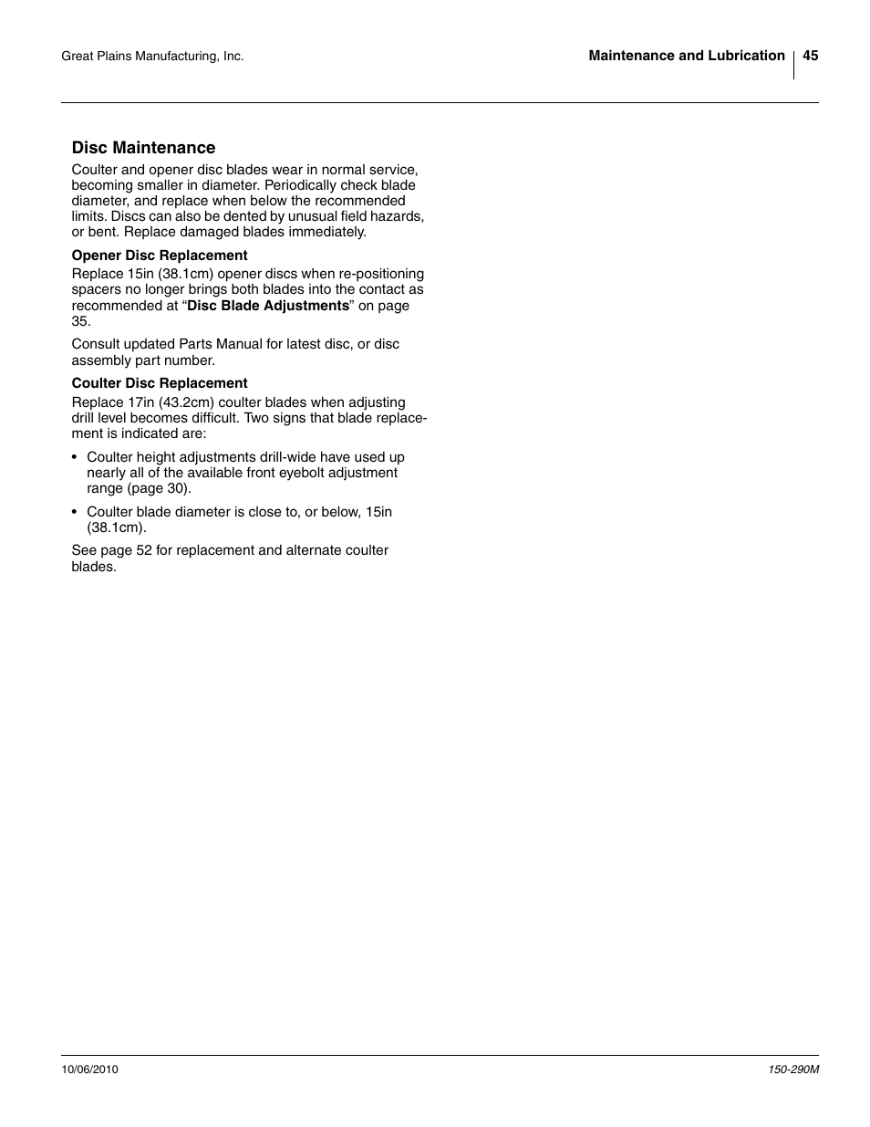 Disc maintenance, Opener disc replacement, Coulter disc replacement | Opener disc replacement coulter disc replacement | Great Plains 1007NT Operator Manual User Manual | Page 49 / 88