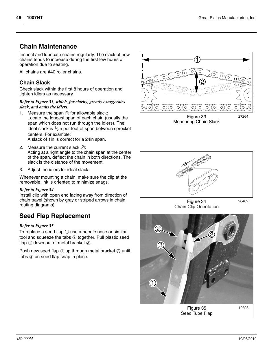 Chain maintenance, Chain slack, Seed flap replacement | Great Plains 1007NT Operator Manual User Manual | Page 50 / 88