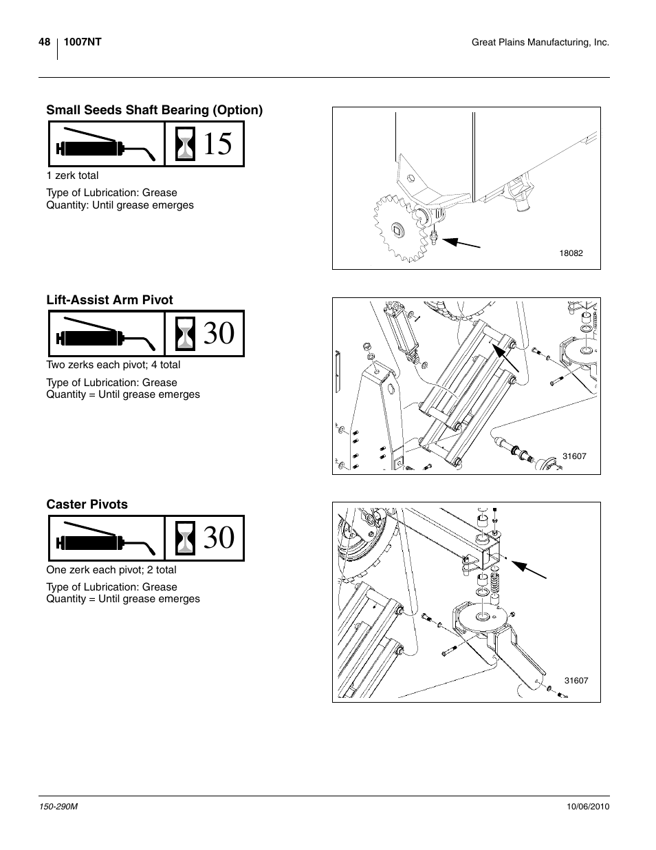 Small seeds shaft bearing (option), Lift-assist arm pivot, Caster pivots | Great Plains 1007NT Operator Manual User Manual | Page 52 / 88