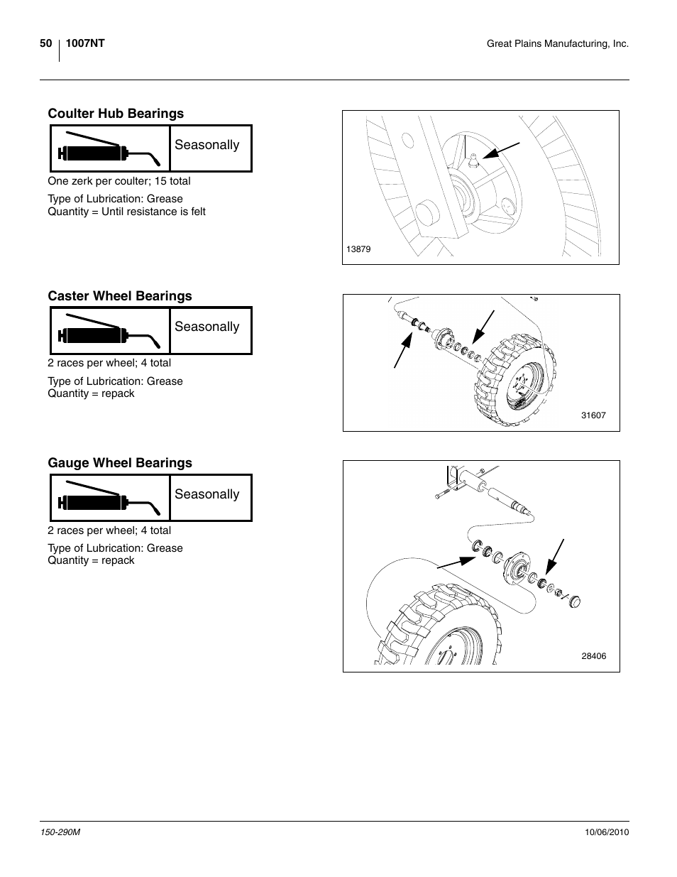 Coulter hub bearings, Caster wheel bearings, Gauge wheel bearings | Great Plains 1007NT Operator Manual User Manual | Page 54 / 88