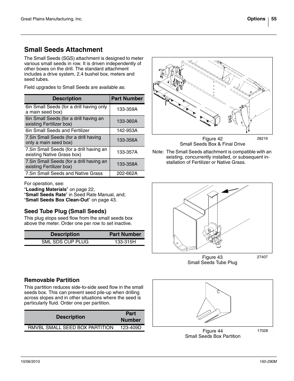 Small seeds attachment, Seed tube plug (small seeds), Removable partition | Seed tube plug (small seeds) removable partition | Great Plains 1007NT Operator Manual User Manual | Page 59 / 88