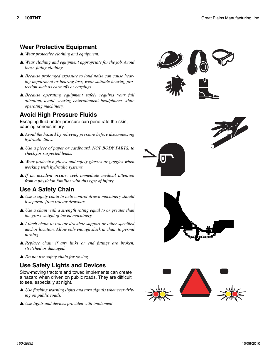 Wear protective equipment, Avoid high pressure fluids, Use a safety chain | Use safety lights and devices | Great Plains 1007NT Operator Manual User Manual | Page 6 / 88