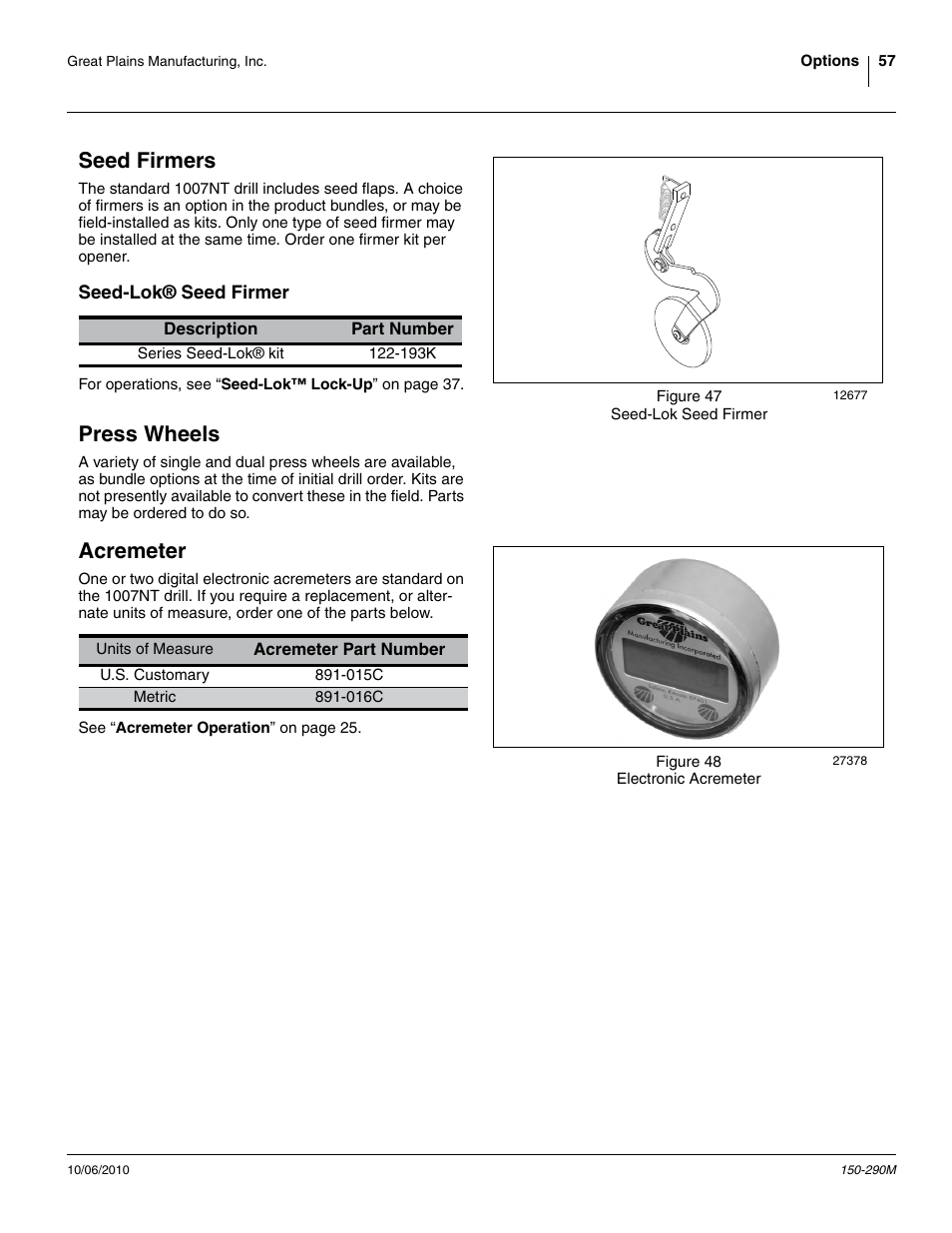 Seed firmers, Seed-lok® seed firmer, Press wheels | Acremeter, Press wheels acremeter | Great Plains 1007NT Operator Manual User Manual | Page 61 / 88