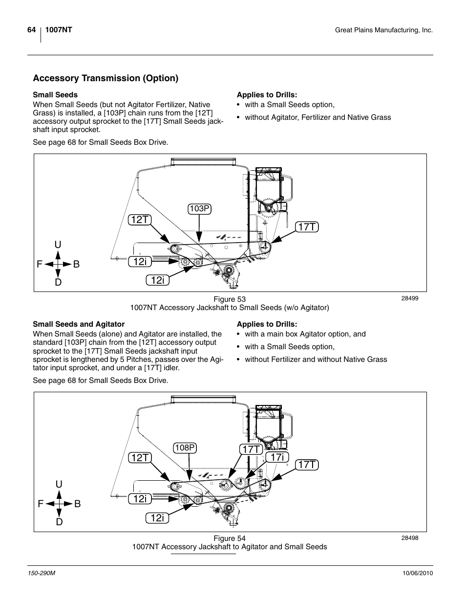 Accessory transmission (option), Small seeds, Applies to drills | Small seeds and agitator, 12i 17t | Great Plains 1007NT Operator Manual User Manual | Page 68 / 88