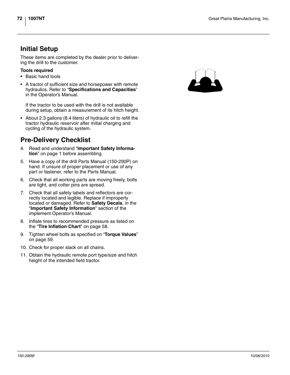 Initial setup, Tools required, Pre-delivery checklist | Initial setup pre-delivery checklist | Great Plains 1007NT Operator Manual User Manual | Page 76 / 88