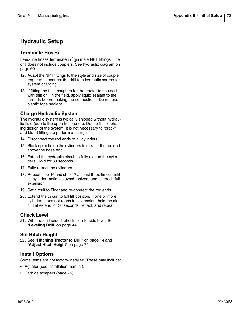 Hydraulic setup, Terminate hoses, Charge hydraulic system | Check level, Set hitch height, Install options | Great Plains 1007NT Operator Manual User Manual | Page 77 / 88