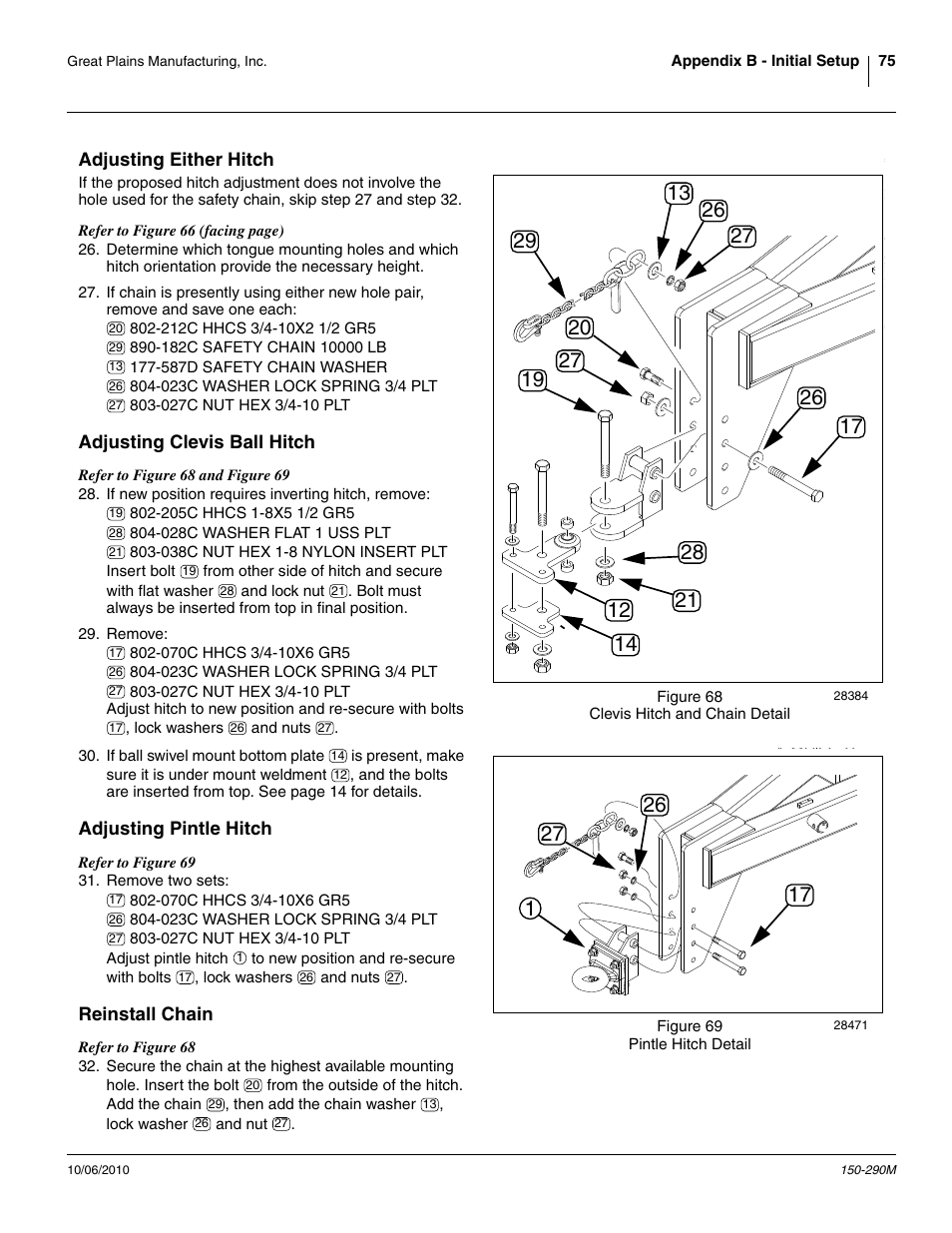 Adjusting either hitch, Adjusting clevis ball hitch, Adjusting pintle hitch | Reinstall chain | Great Plains 1007NT Operator Manual User Manual | Page 79 / 88