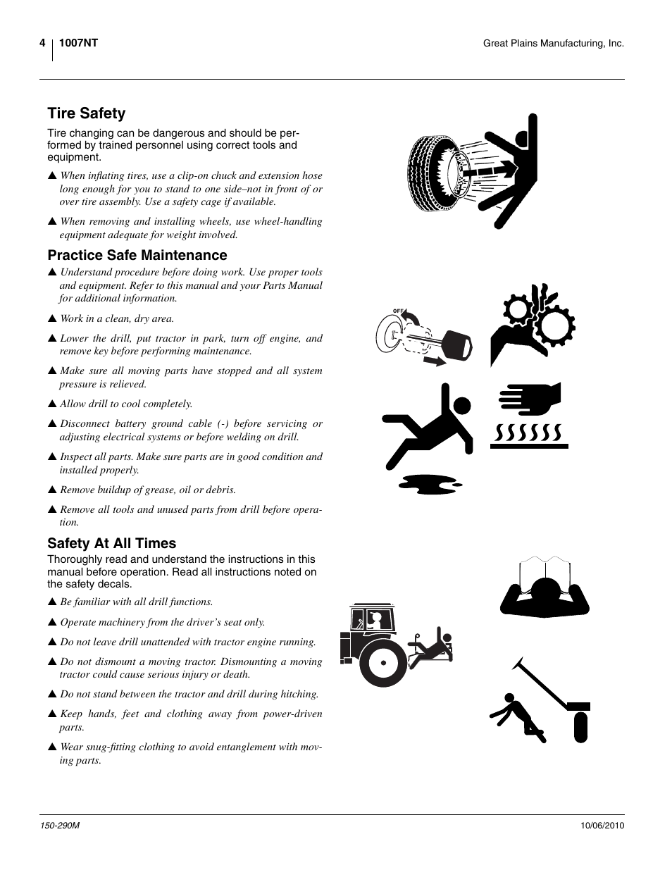 Tire safety, Practice safe maintenance, Safety at all times | Great Plains 1007NT Operator Manual User Manual | Page 8 / 88