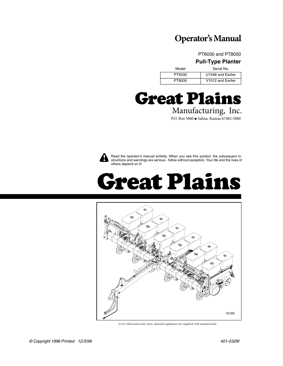 Great Plains PT8030 V1012 Operator Manual User Manual | 66 pages