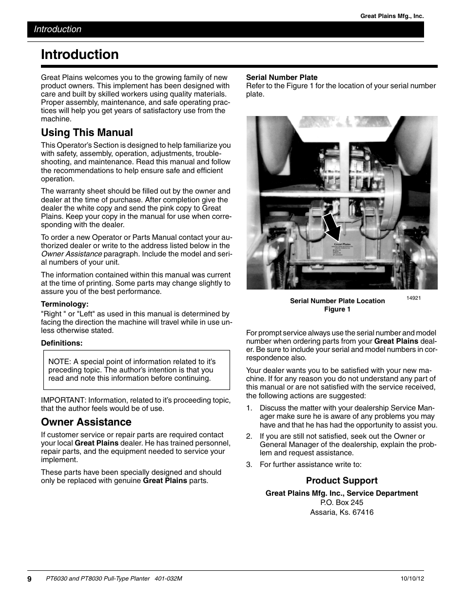 Introduction, Using this manual, Terminology | Definitions, Owner assistance, Product support | Great Plains PT8030 V1012 Operator Manual User Manual | Page 11 / 66